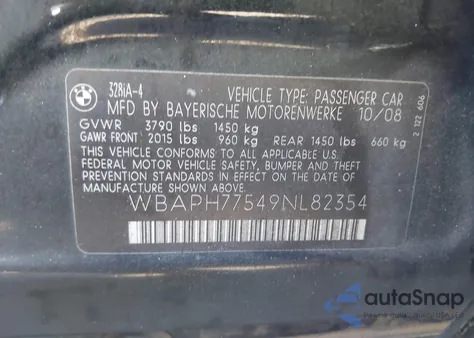 2009 BMW 328I из США, поврежденный, VIN WBAPH77549NL82354